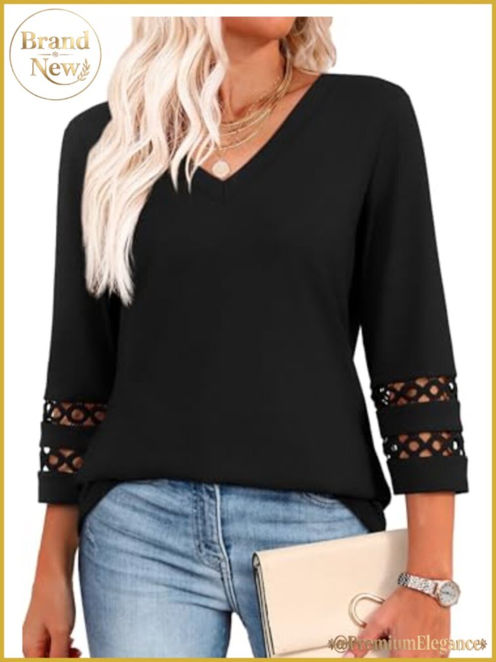 Lace Sleeve V-Neck Blouse 3/4 Sleeve Dressy Casual Top